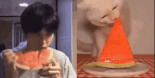 a man is eating a slice of watermelon next to a cat eating a watermelon slice .