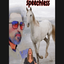 a poster for speechless features a man and a woman standing next to a white horse