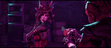 a woman in a top hat is pointing a gun at a man in a purple room