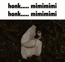 a woman in a white dress is kneeling in the dirt with the words honk mimimimi honk mimimimi