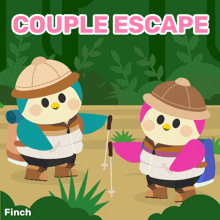 a couple of penguins on a poster that says couple escape finch