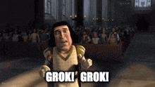 a cartoon character from shrek is standing in front of a crowd and saying groki groki .