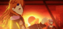 a girl with orange hair is standing in front of a fire