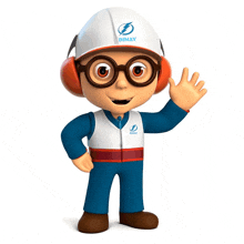 a cartoon character is wearing a hard hat and ear muffs and says dimay