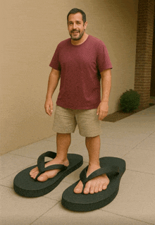 a man wearing a maroon shirt and khaki shorts is wearing a pair of flip flops that look like his feet
