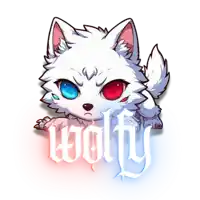 a picture of a white wolf with red eyes and the word wolfly below it