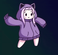 a cartoon of a girl wearing a purple cat hoodie .