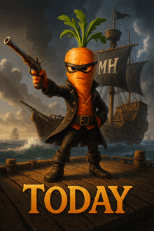 a pirate carrot holding a gun in front of a ship that says mh today