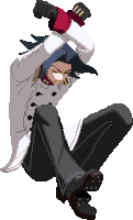 a pixel art of a man with a white coat and black pants