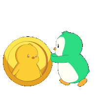 a green and white penguin is holding a gold coin