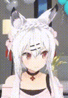 a girl with white hair and fox ears is wearing a choker and holding balloons .