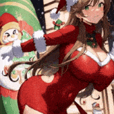 a girl in a santa costume is standing next to a christmas decoration