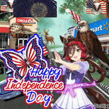 a picture of a girl holding a gun with the words happy independence day on it