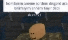 a cartoon character with a smiley face is sitting on a rock with a speech bubble .