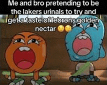 gumball and darwin from the amazing world of gumball are sitting next to each other with their mouths wide open .
