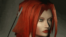 a woman with red hair and green eyes looks at the camera