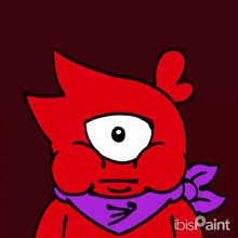 a red cartoon character with one eye and a purple scarf around his neck has ibispaint written on the bottom