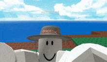 a cartoon character wearing a roblox hat stands in front of a body of water