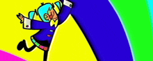 a cartoon of a man in a suit and tie is standing in front of a rainbow .