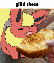 a cartoon eevee is holding a slice of toast with cheese on it .