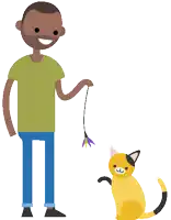 a man is playing with a cat with a toy in his hand