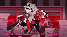 a cartoon of a wolf and a demon with the words " you uh forgot to carry the two there " below them