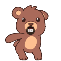 a cartoon teddy bear is dancing with a play button in its mouth