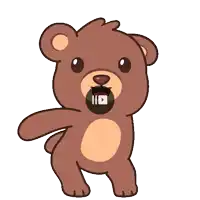a cartoon teddy bear is dancing with a play button in its mouth