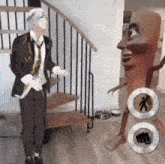 a man in a suit and tie is standing in front of a staircase next to a cartoon character .