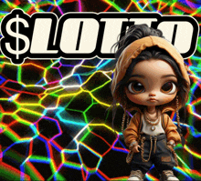 a doll with a hoodie and chains stands in front of a sign that says lotto