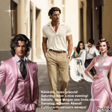 a man in a pink suit is walking down a street