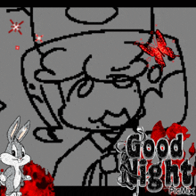 a black and white drawing of bugs bunny with the words good night