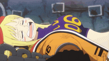 a girl in a purple shirt with the number 80 on it
