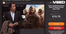 a man in a suit is standing next to a poster for dune awakening cloak beta pc steam cd key ( may 2025 )