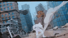 a drawing of a man standing in front of a destroyed building