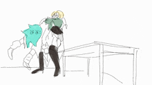 a drawing of a man and woman standing next to each other with a green background