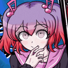 a girl with purple hair and pink music notes on her hair