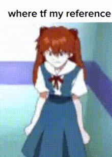 a girl in a blue dress is standing in front of a wall with the words where tf my reference .