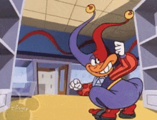a cartoon character is squatting down in a room with a shelf in the background .