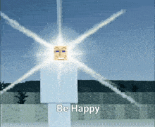a white pole with a pixel face on it and the words be happy below it