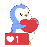 a penguin is holding a heart next to a heart shaped icon with the number 1 on it