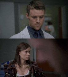 a man in a white coat and tie looks at a woman