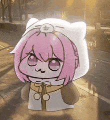 a cartoon character with pink hair and a cat hat is standing on a street .