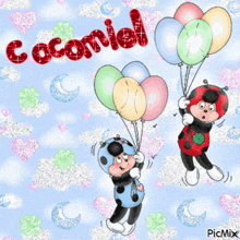 a ladybug is holding a bunch of balloons and the word cocoriel is on the top