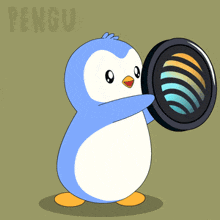 a penguin is holding a coin with the word pengu on the bottom right