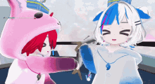 a girl in a cat costume holds a fish next to a girl in a white and blue outfit