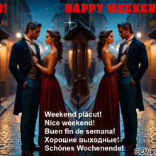 a couple standing next to each other on a street with the words happy weeken above them