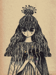 a drawing of a girl with a bun of flowers on her head