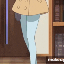 a cartoon girl is standing in front of a bookshelf in a library .