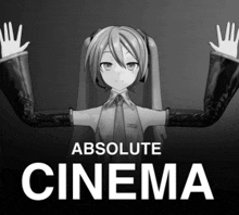 a black and white poster for absolute cinema with hatsune miku on it